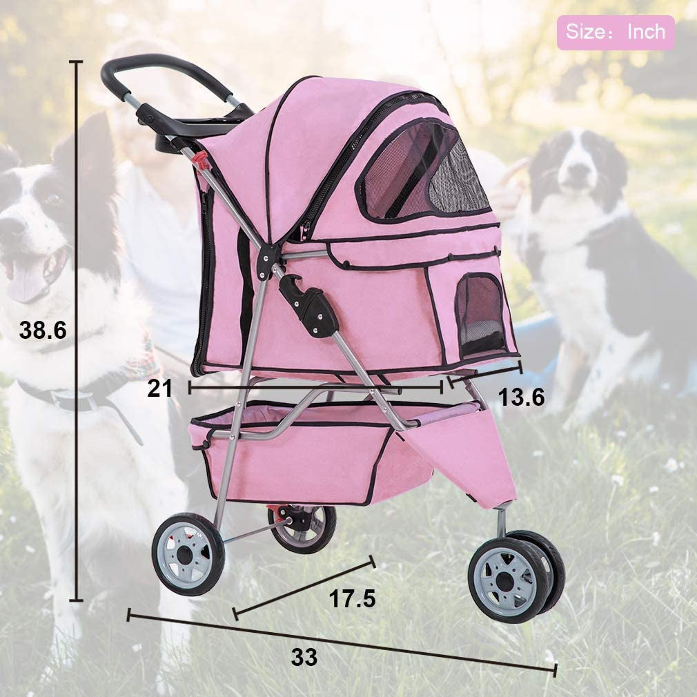 Pet Stroller - 3-Wheel Folding Carrier with Cup Holder & Removable Liner