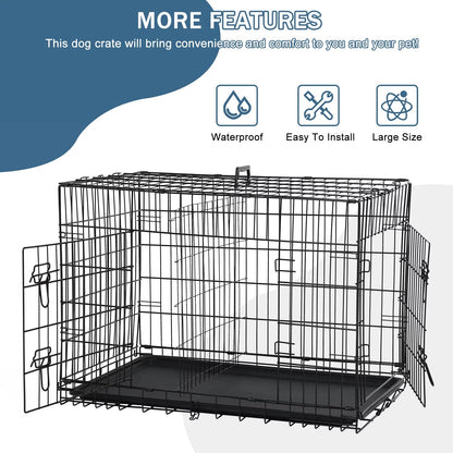 42-Inch Foldable Metal Dog Crate with Double Doors, Handle, and Plastic Tray for Large Dogs
