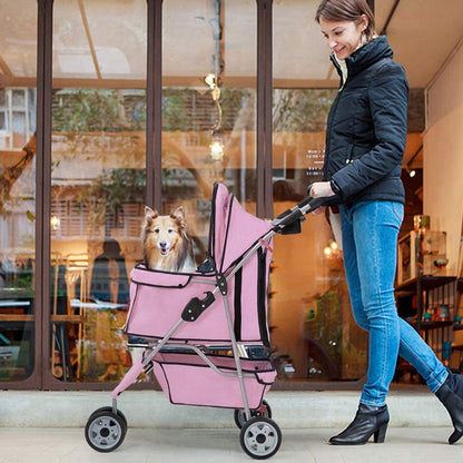 Pet Stroller - 3-Wheel Folding Carrier with Cup Holder & Removable Liner