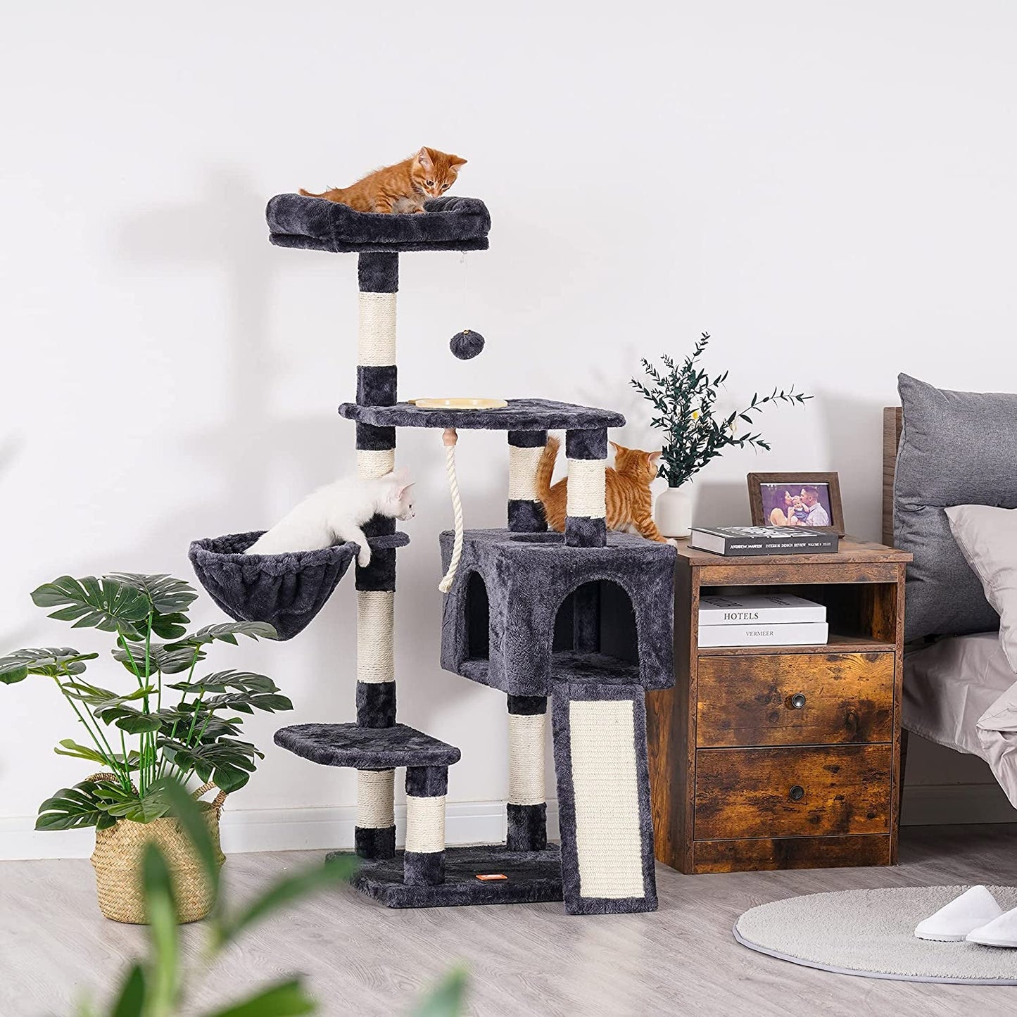 Multi-Level Cat Tree with Scratching Board & Feeding Bowl