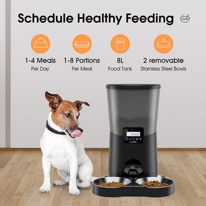 Automatic Pet Feeder with Dual Stainless Steel Bowls, 8L Capacity