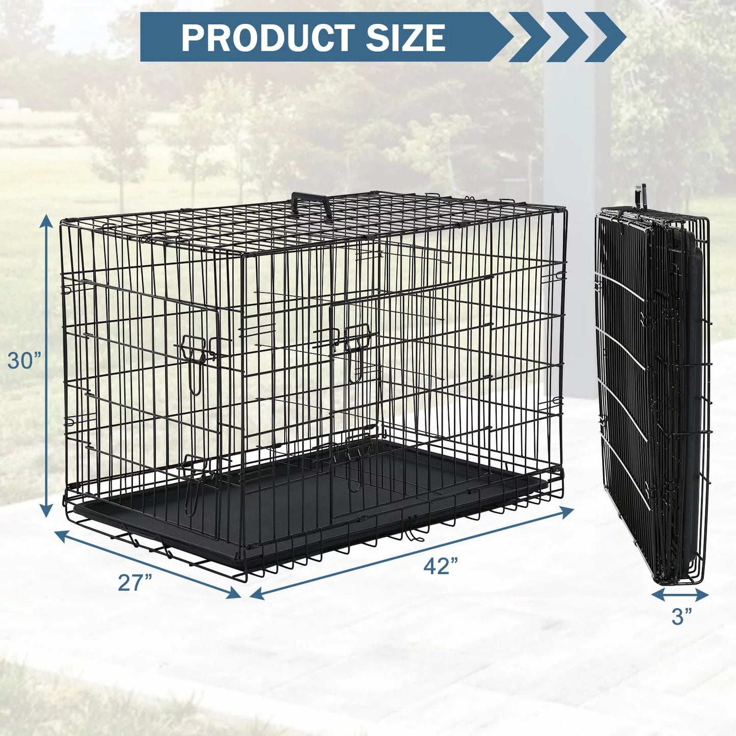 42-Inch Foldable Metal Dog Crate with Double Doors, Handle, and Plastic Tray for Large Dogs