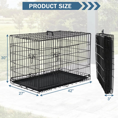 42-Inch Foldable Metal Dog Crate with Double Doors, Handle, and Plastic Tray for Large Dogs