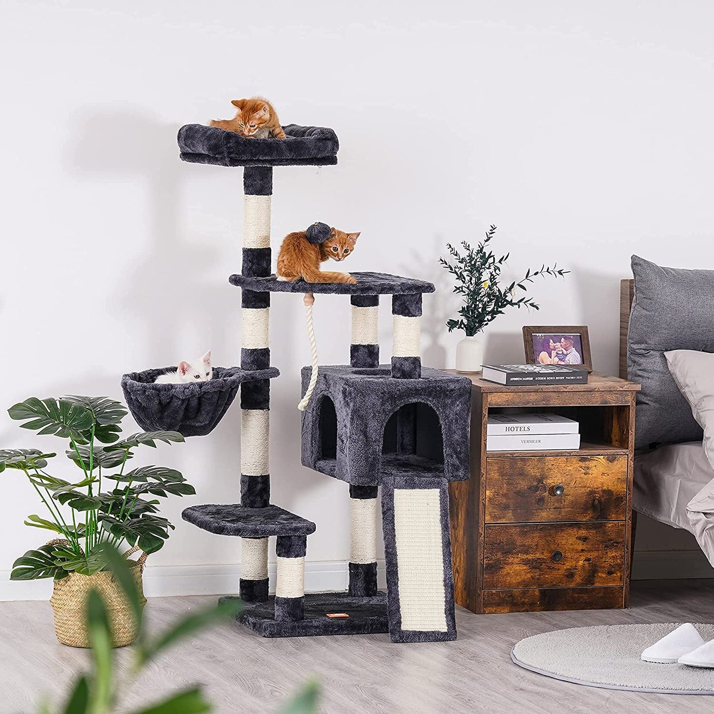 Multi-Level Cat Tree with Scratching Board & Feeding Bowl