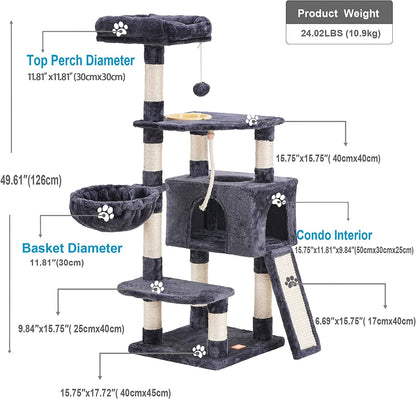 Multi-Level Cat Tree with Scratching Board & Feeding Bowl