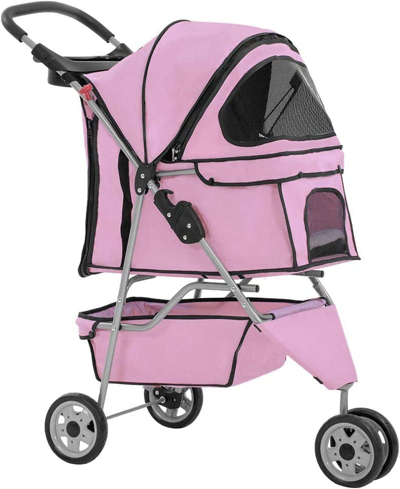 Pet Stroller - 3-Wheel Folding Carrier with Cup Holder & Removable Liner