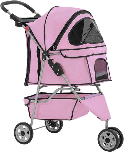 Pet Stroller - 3-Wheel Folding Carrier with Cup Holder & Removable Liner