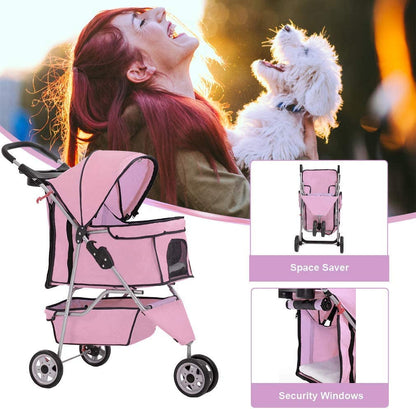 Pet Stroller - 3-Wheel Folding Carrier with Cup Holder & Removable Liner