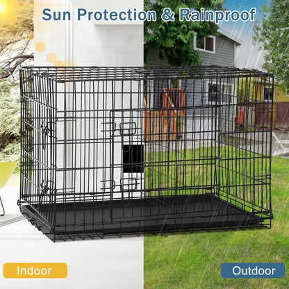 42-Inch Foldable Metal Dog Crate with Double Doors, Handle, and Plastic Tray for Large Dogs