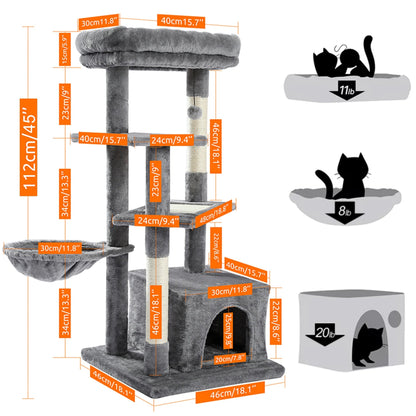 45-Inch Multi-Level Cat Tree with Scratching Posts, Condo, Hammock & Perch