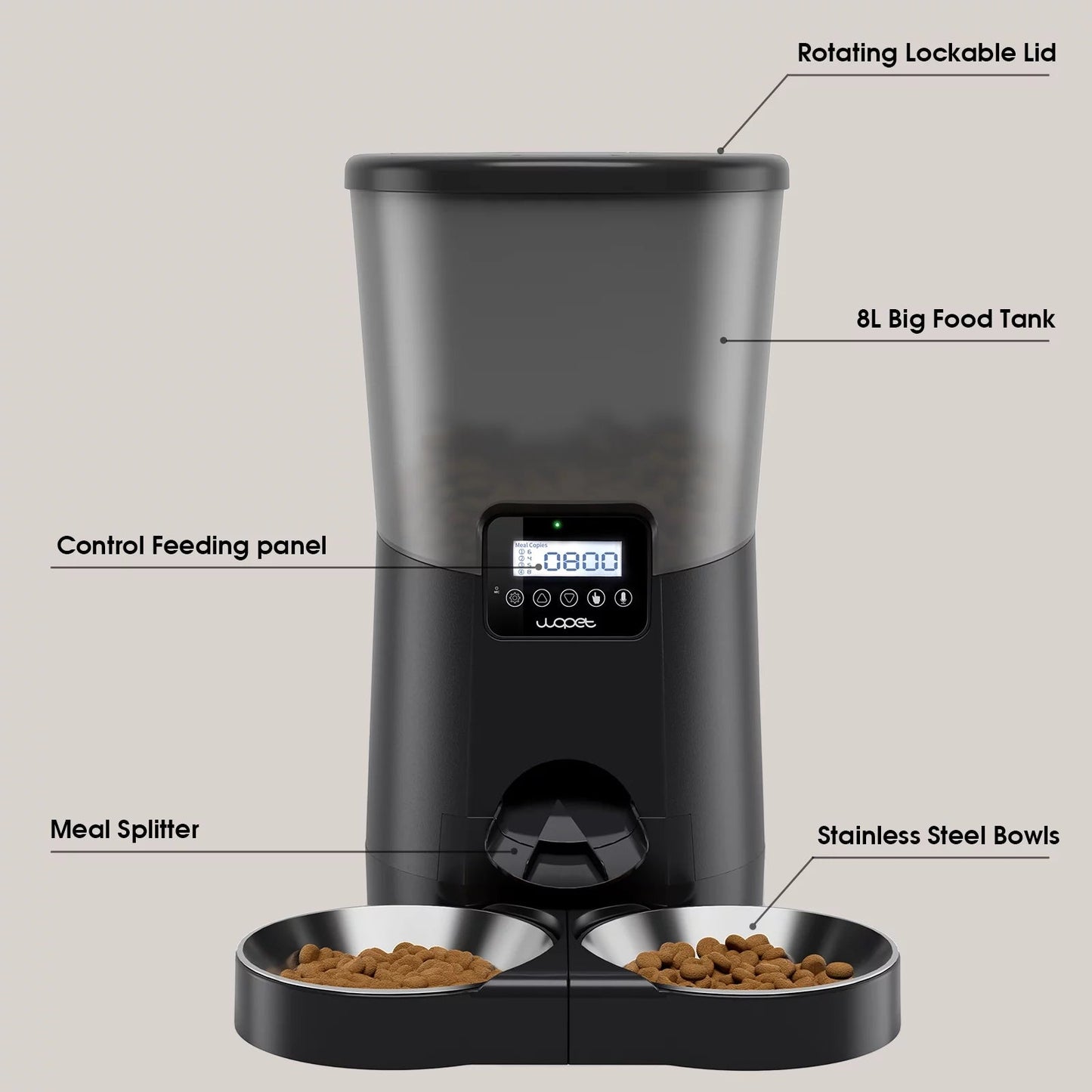 Automatic Pet Feeder with Dual Stainless Steel Bowls, 8L Capacity