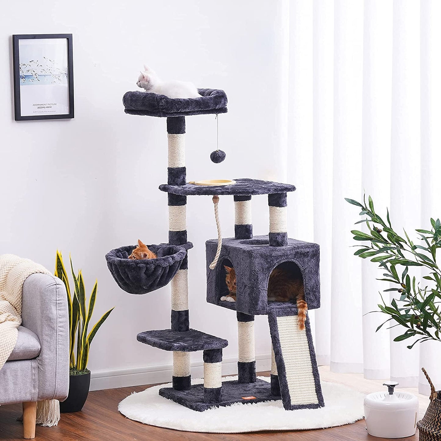 Multi-Level Cat Tree with Scratching Board & Feeding Bowl