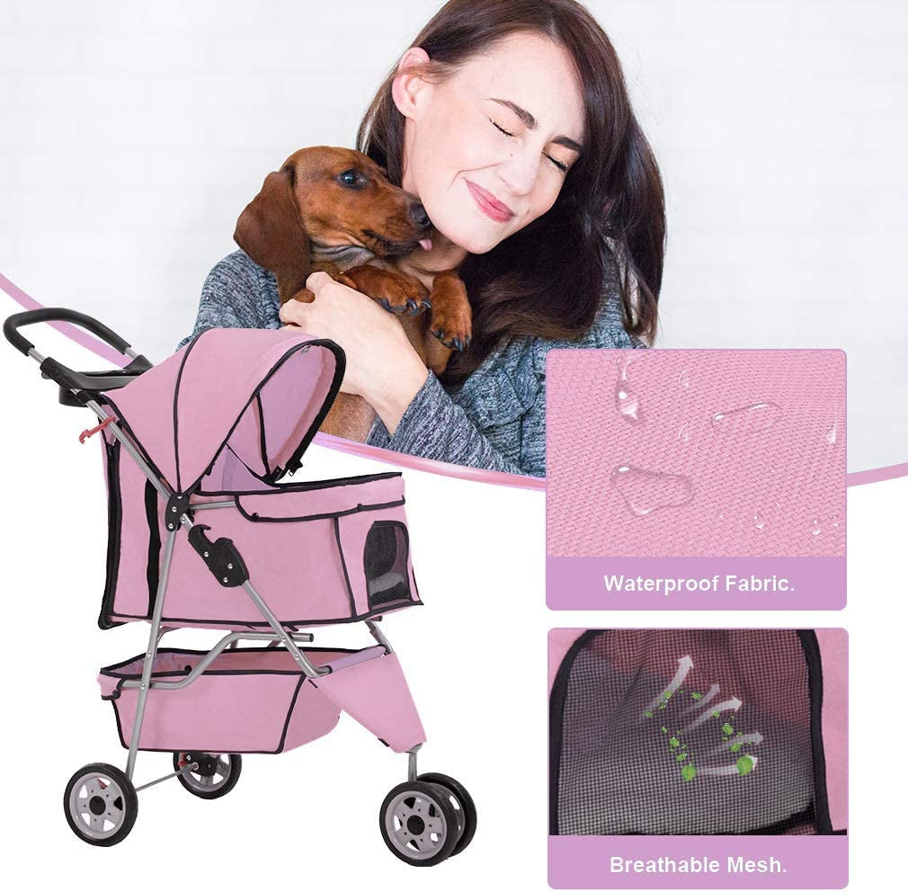 Pet Stroller - 3-Wheel Folding Carrier with Cup Holder & Removable Liner