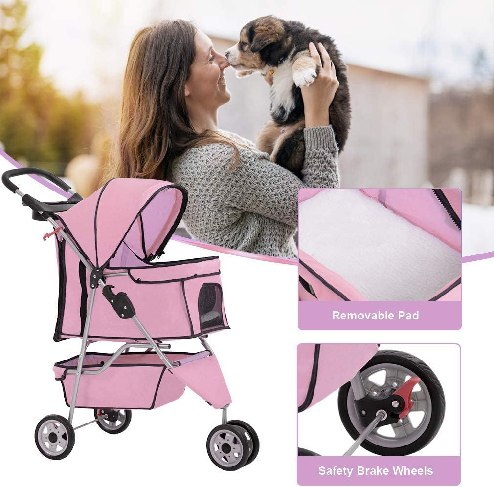 Pet Stroller - 3-Wheel Folding Carrier with Cup Holder & Removable Liner