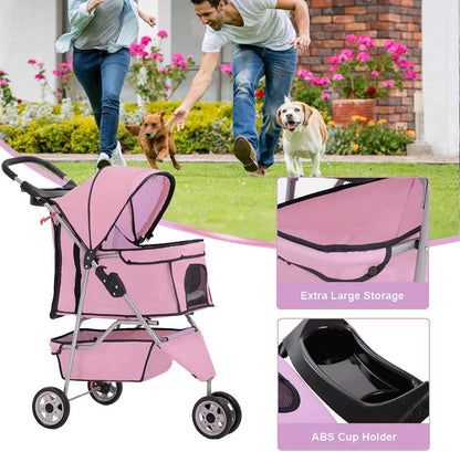 Pet Stroller - 3-Wheel Folding Carrier with Cup Holder & Removable Liner