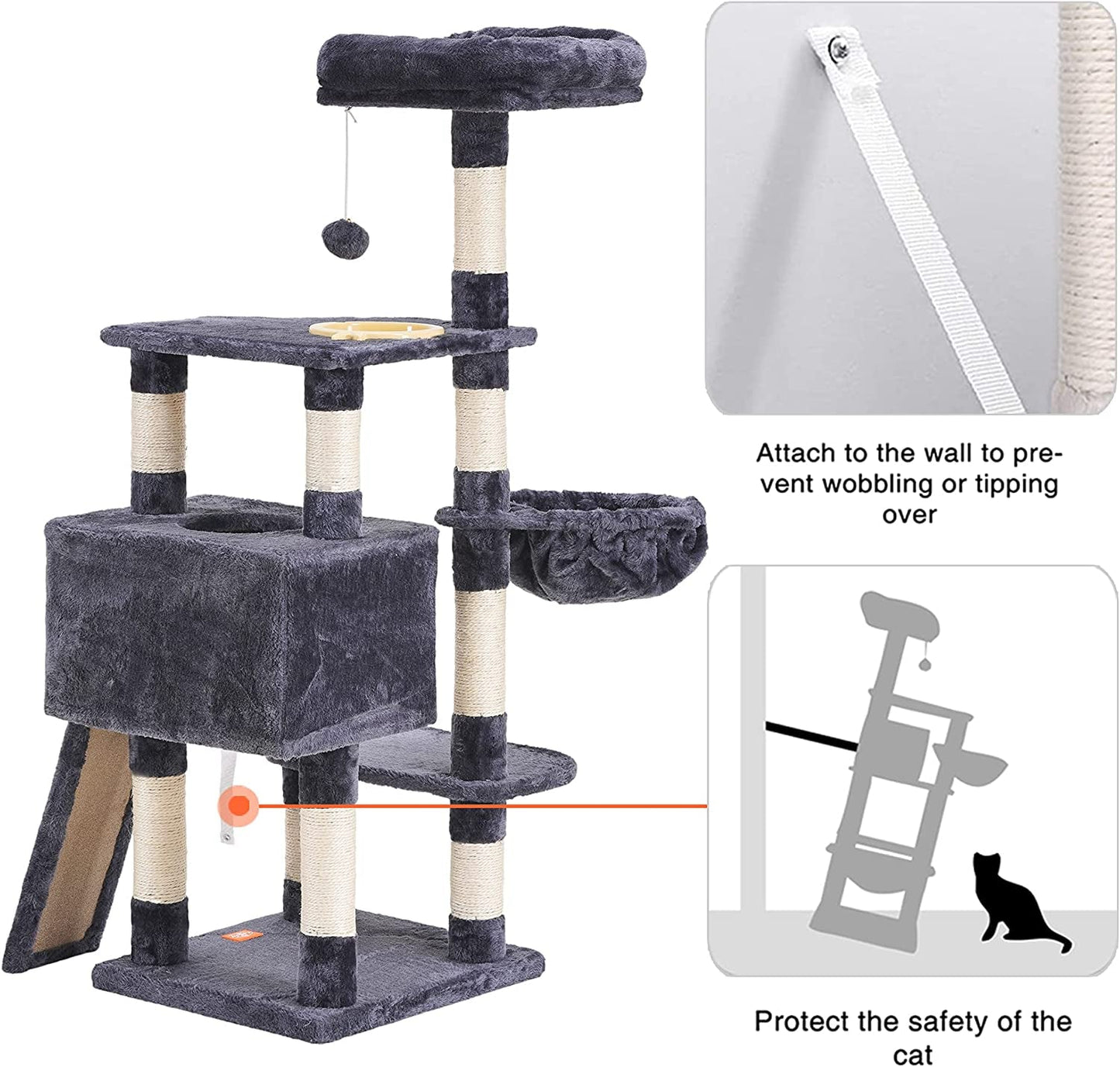 Multi-Level Cat Tree with Scratching Board & Feeding Bowl