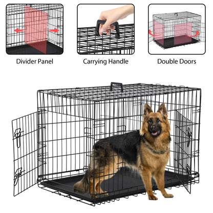 42-Inch Foldable Metal Dog Crate with Double Doors, Handle, and Plastic Tray for Large Dogs