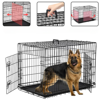 42-Inch Foldable Metal Dog Crate with Double Doors, Handle, and Plastic Tray for Large Dogs