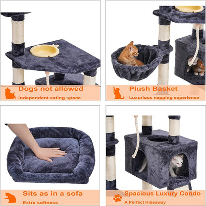 Multi-Level Cat Tree with Scratching Board & Feeding Bowl