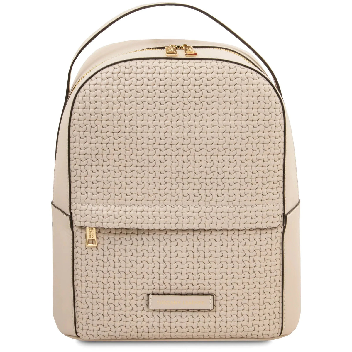 Front view Dedalo Woven Printed Italian Leather Backpack in beige