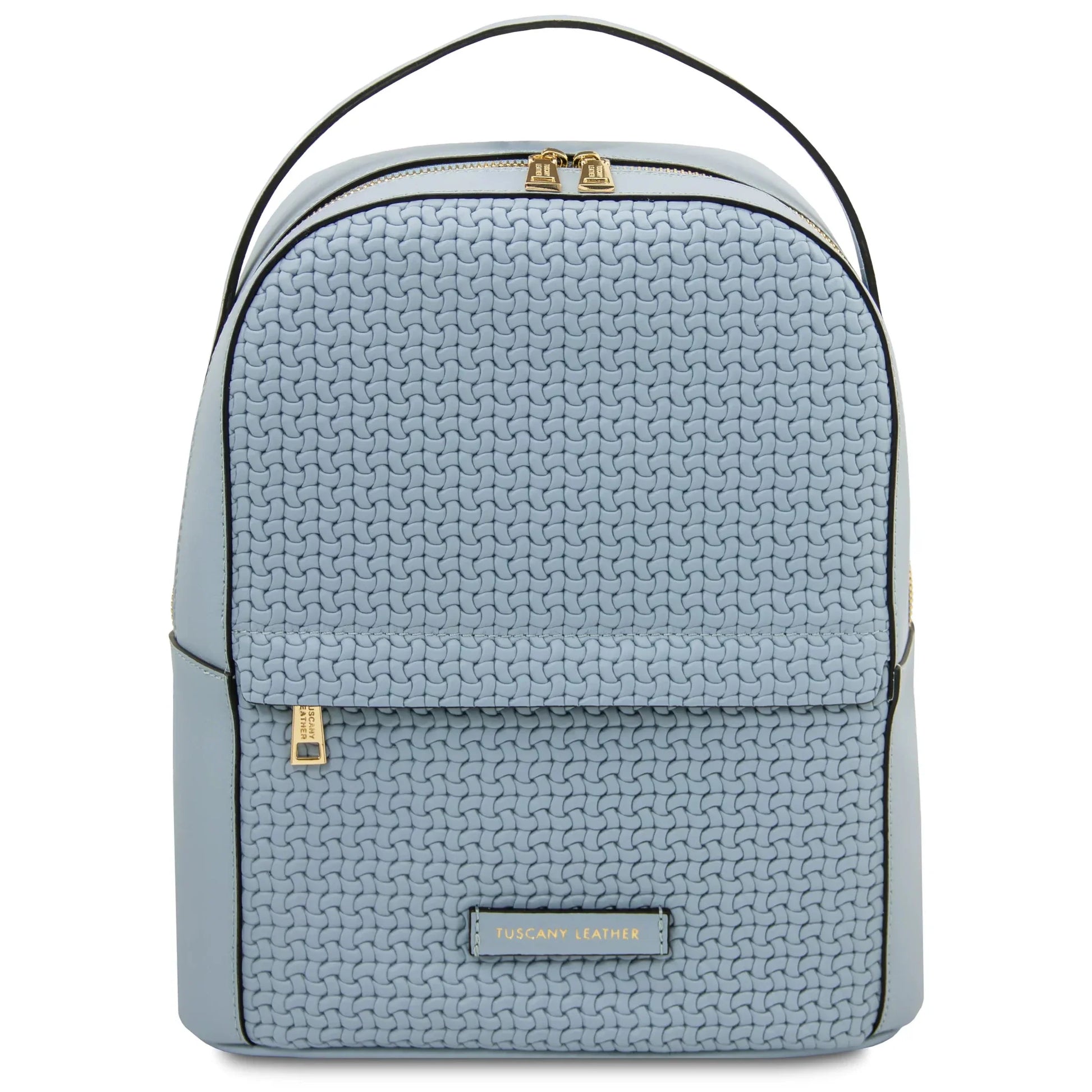 Front view Dedalo Woven Printed Italian Leather Backpack in light blue