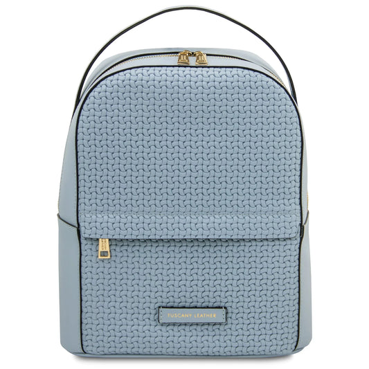 Front view Dedalo Woven Printed Italian Leather Backpack in light blue