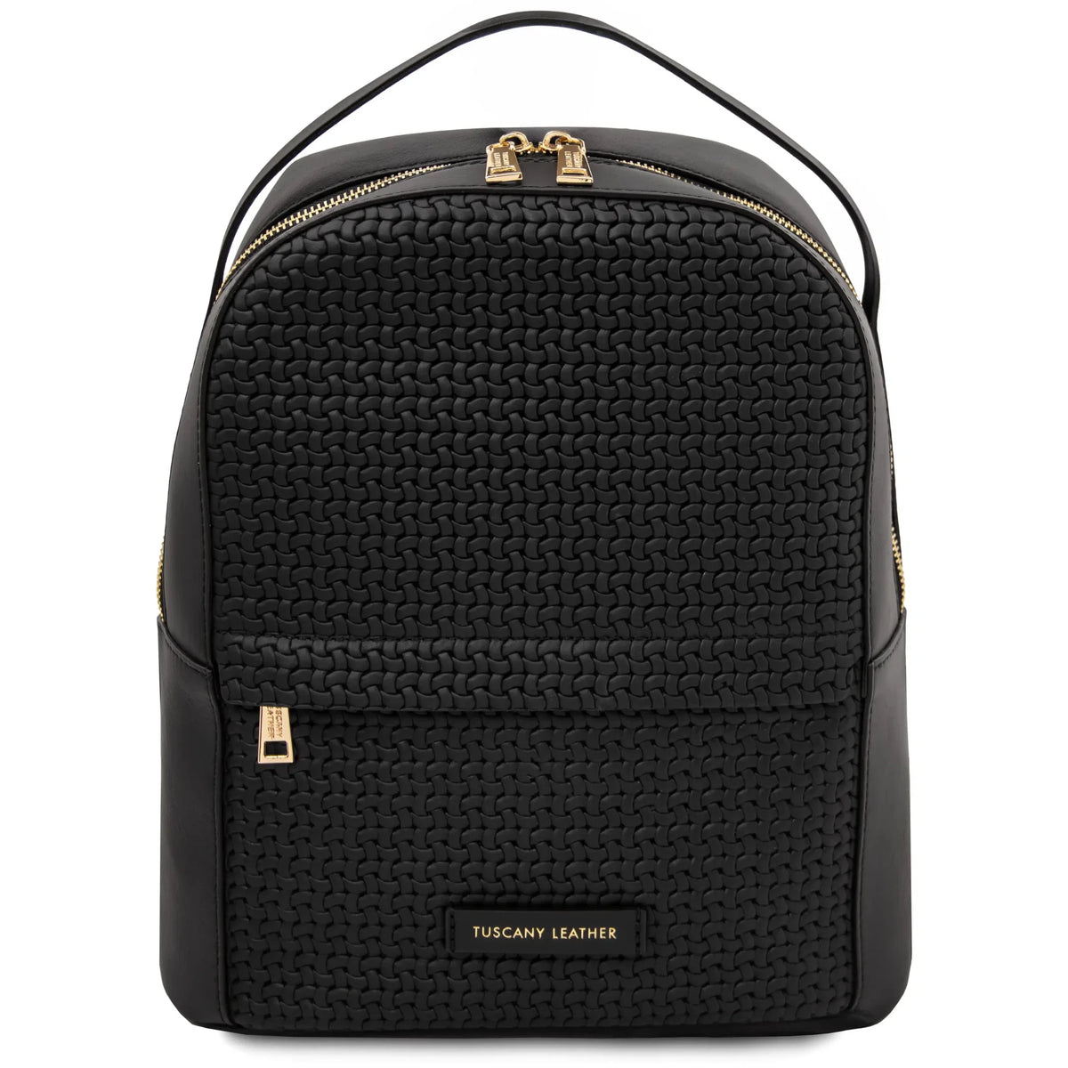 Front view Dedalo Woven Printed Italian Leather Backpack in black