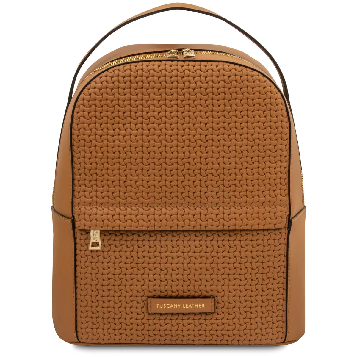 Front view Dedalo Woven Printed Italian Leather Backpack in cognac