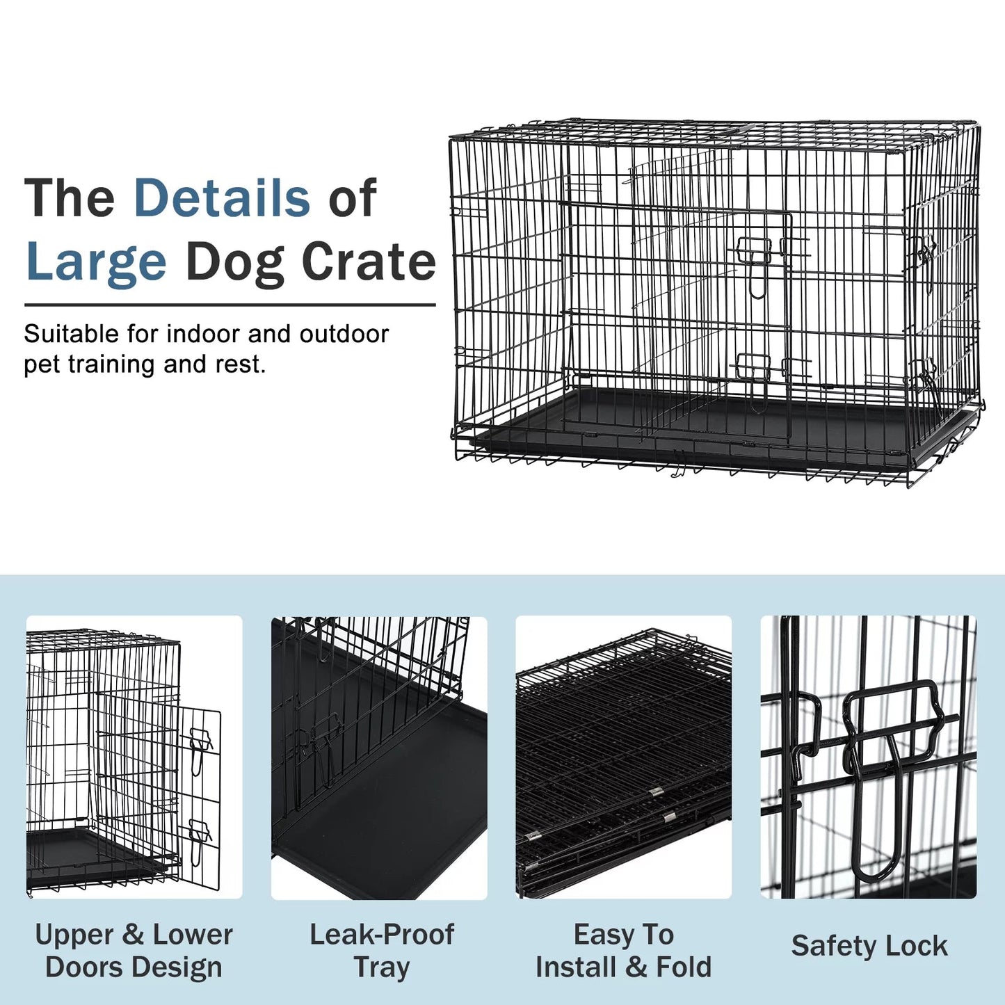42-Inch Foldable Metal Dog Crate with Double Doors, Handle, and Plastic Tray for Large Dogs