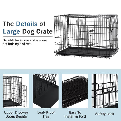 42-Inch Foldable Metal Dog Crate with Double Doors, Handle, and Plastic Tray for Large Dogs