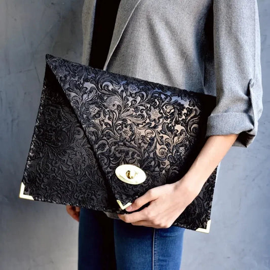 Symmetria Floral Suede Large Clutch | Suede Italian Leather