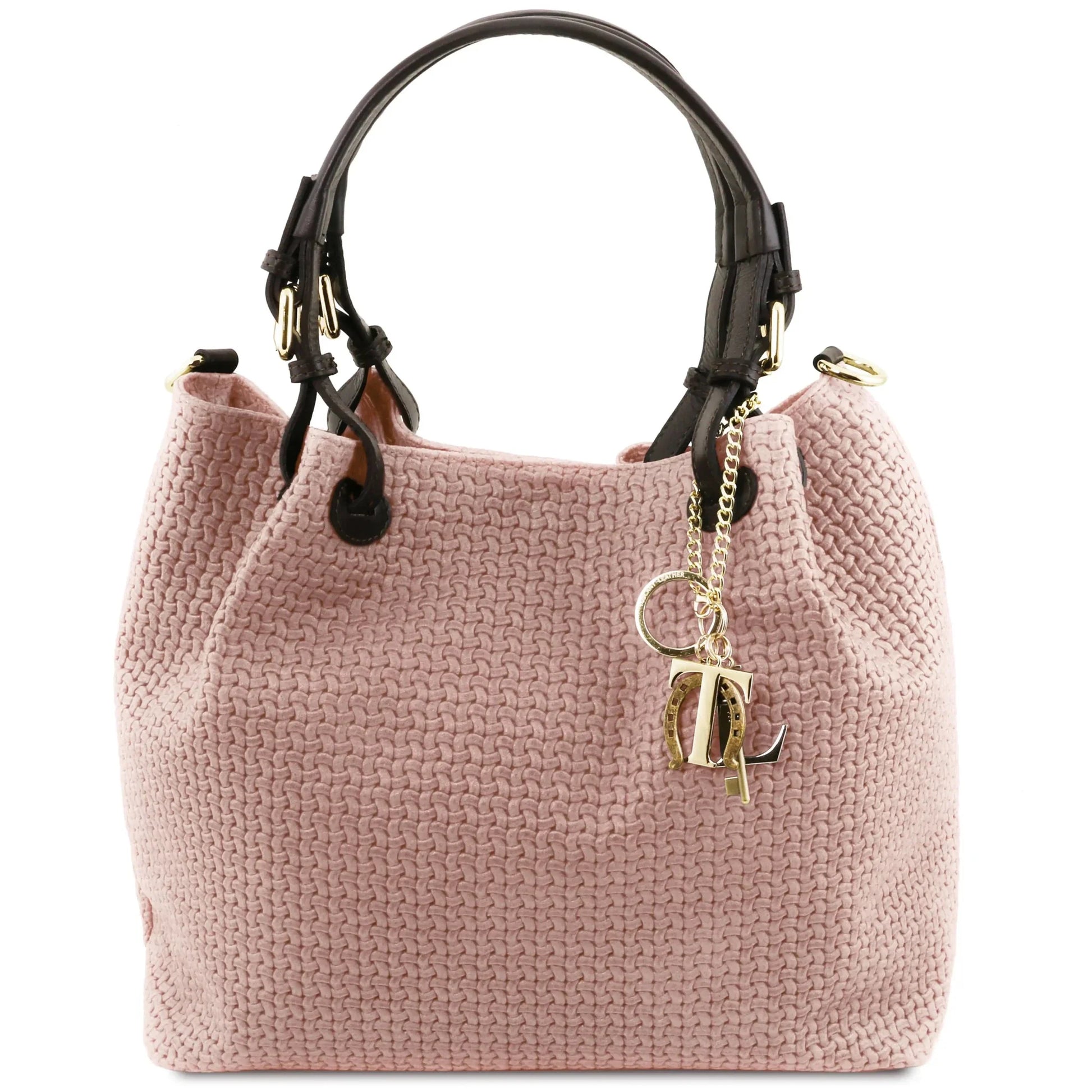 Front view TL Keyluck Woven Printed Leather Shopping Bag Nude on white background