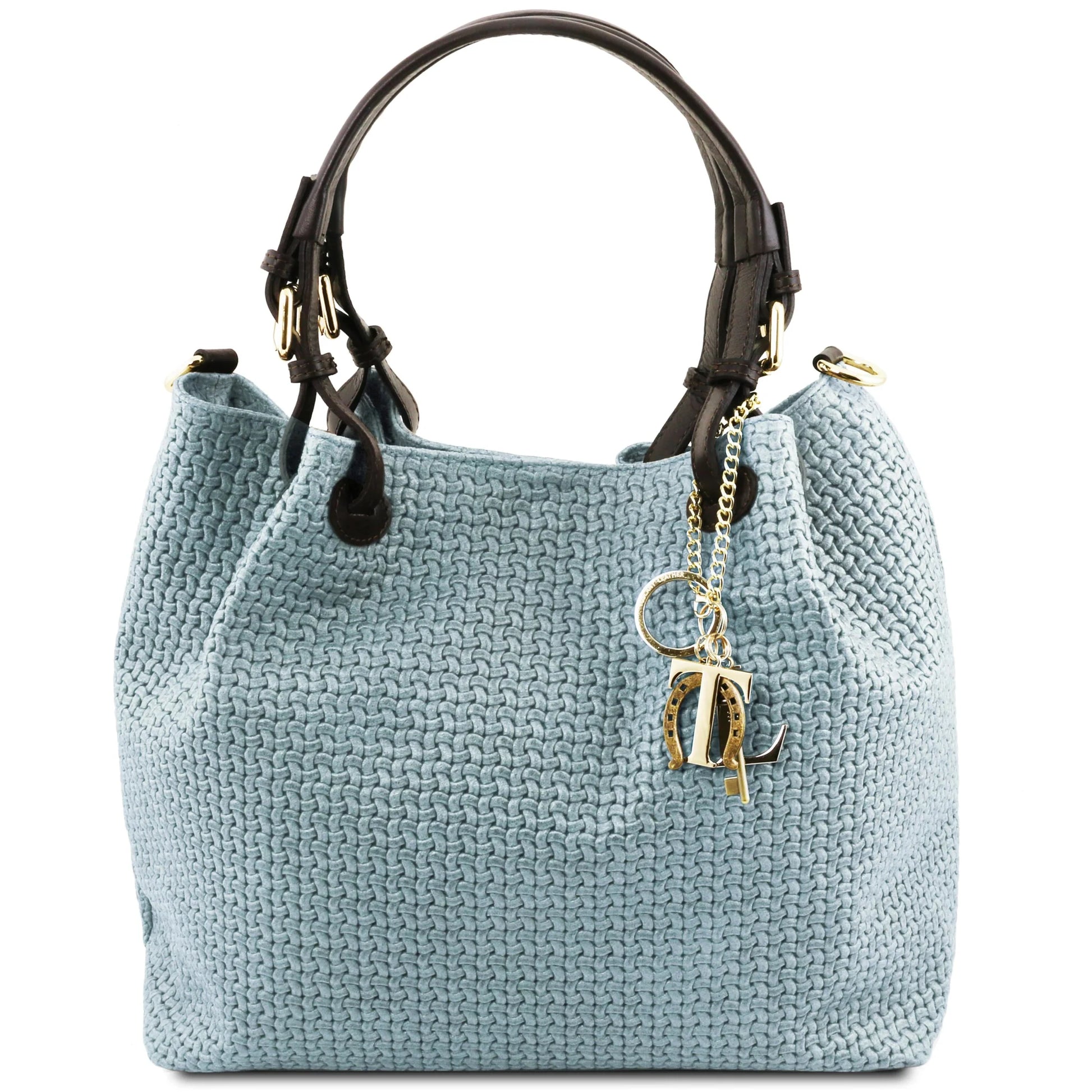 Front view of the TL Keyluck Woven Printed Leather Shopping Bag in Light Blue on a white background
