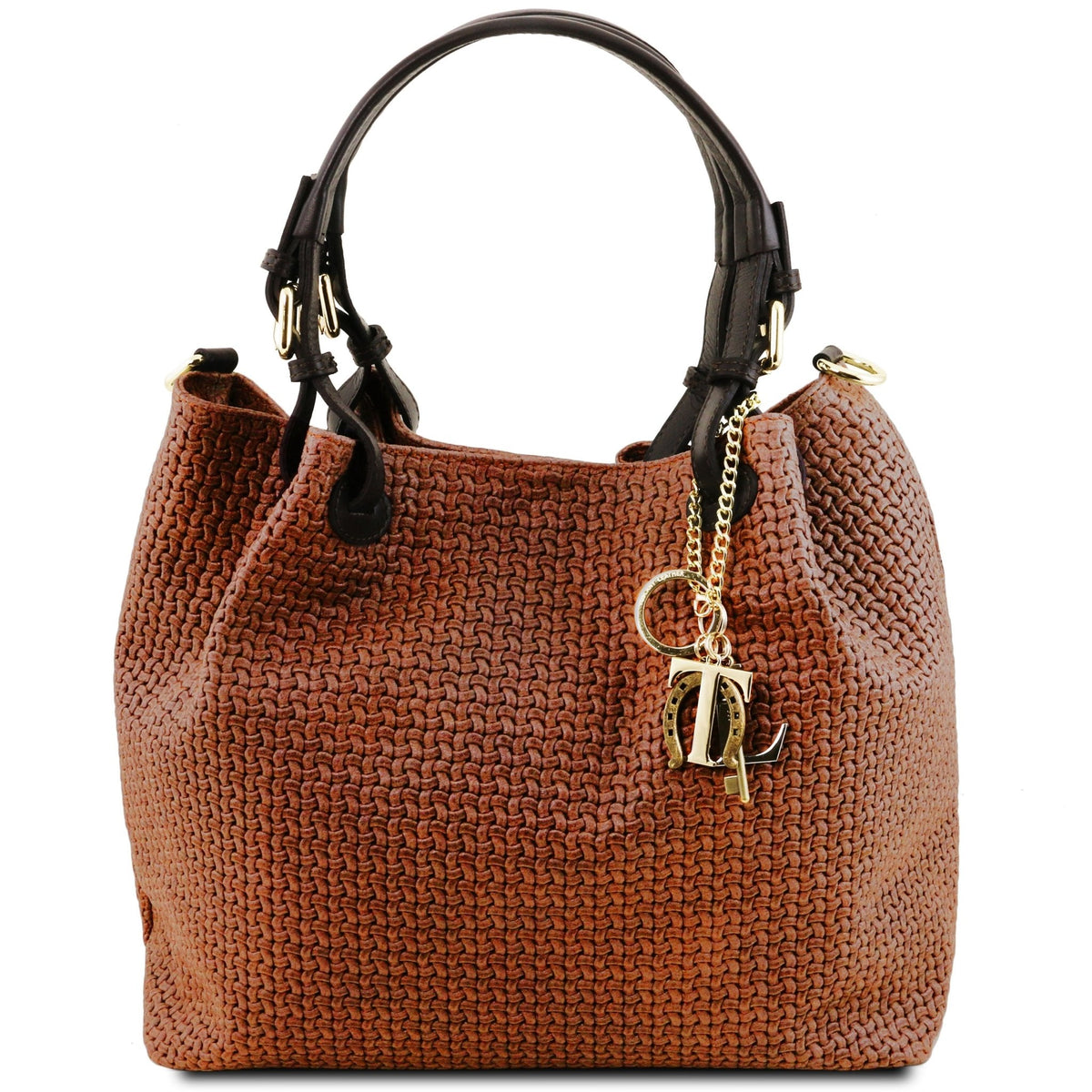 Front view  TL Keyluck Woven  Bag in Cinnamon on a white background