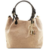Front view TL Keyluck Woven Printed Leather Shopping Bag Beige on white background