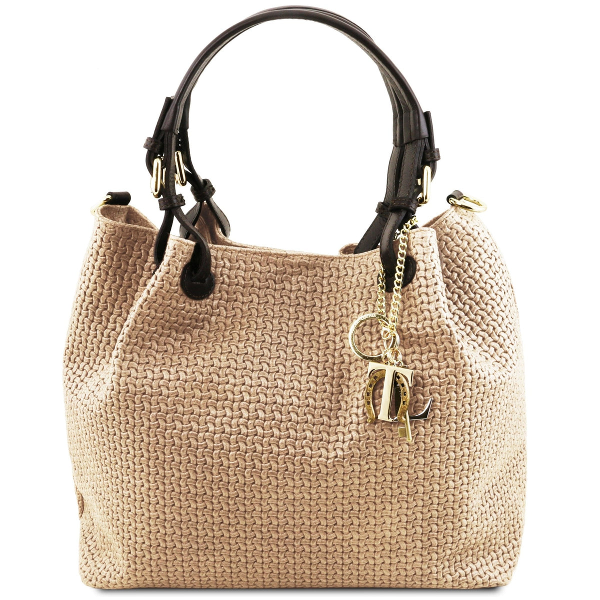 Front view TL Keyluck Woven Printed Leather Shopping Bag Beige on white background